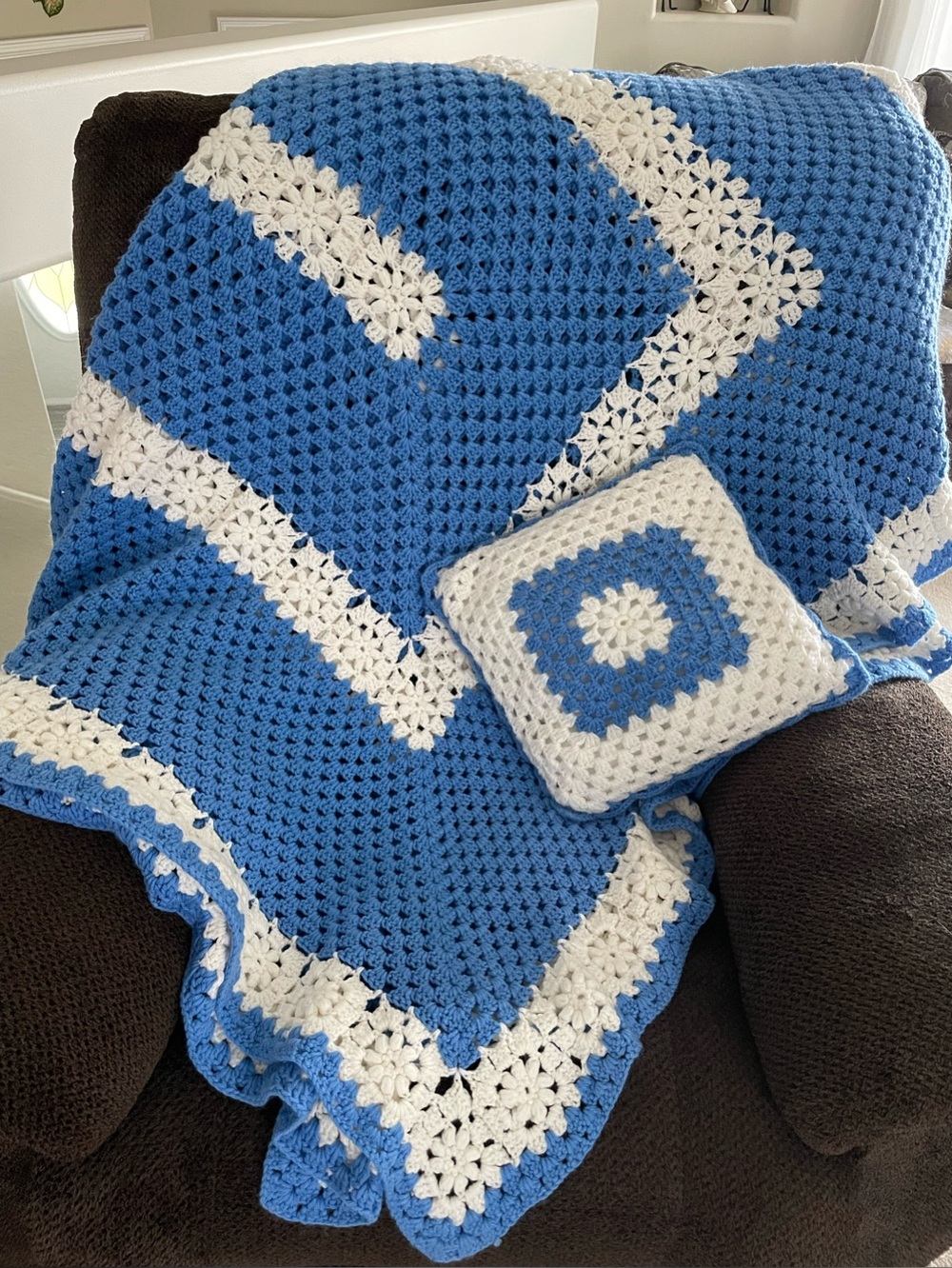 Handmade Blue and White Crochet Throw / Afghan with matching reversible cushion